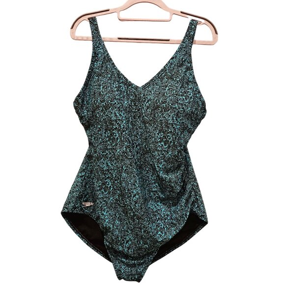 Speedo one piece swimsuit womens 18 green black geometric pattern classic logo s - Picture 1 of 12